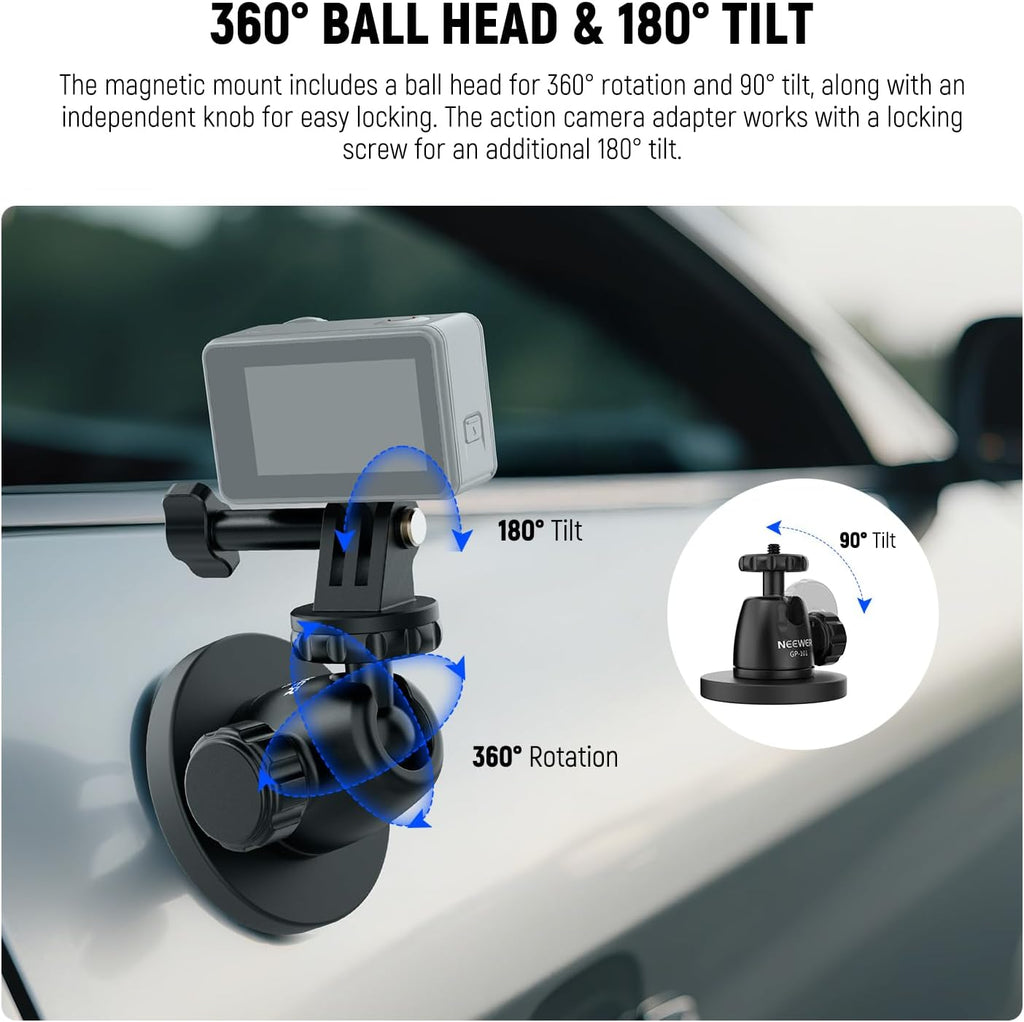 NEEWER Basics Magnetic Camera Mount for Action Camera Compatible with GoPro Insta360 DJI AKASO Accessories, Strong Magnet 360° Ball Head Mount for Car Video Recording Live Streaming, GP-101