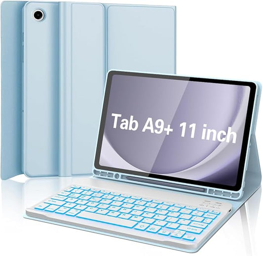 Keyboard Case for Samsung Galaxy Tab A9 Plus 5G 11 inch 2023 (SM-X210/X216/X218), 7 Color Backlit Detachable Keyboard Bluetooth, Smart Folio Cover with S Pen Holder for Galaxy Tab A9+ 11", Blue