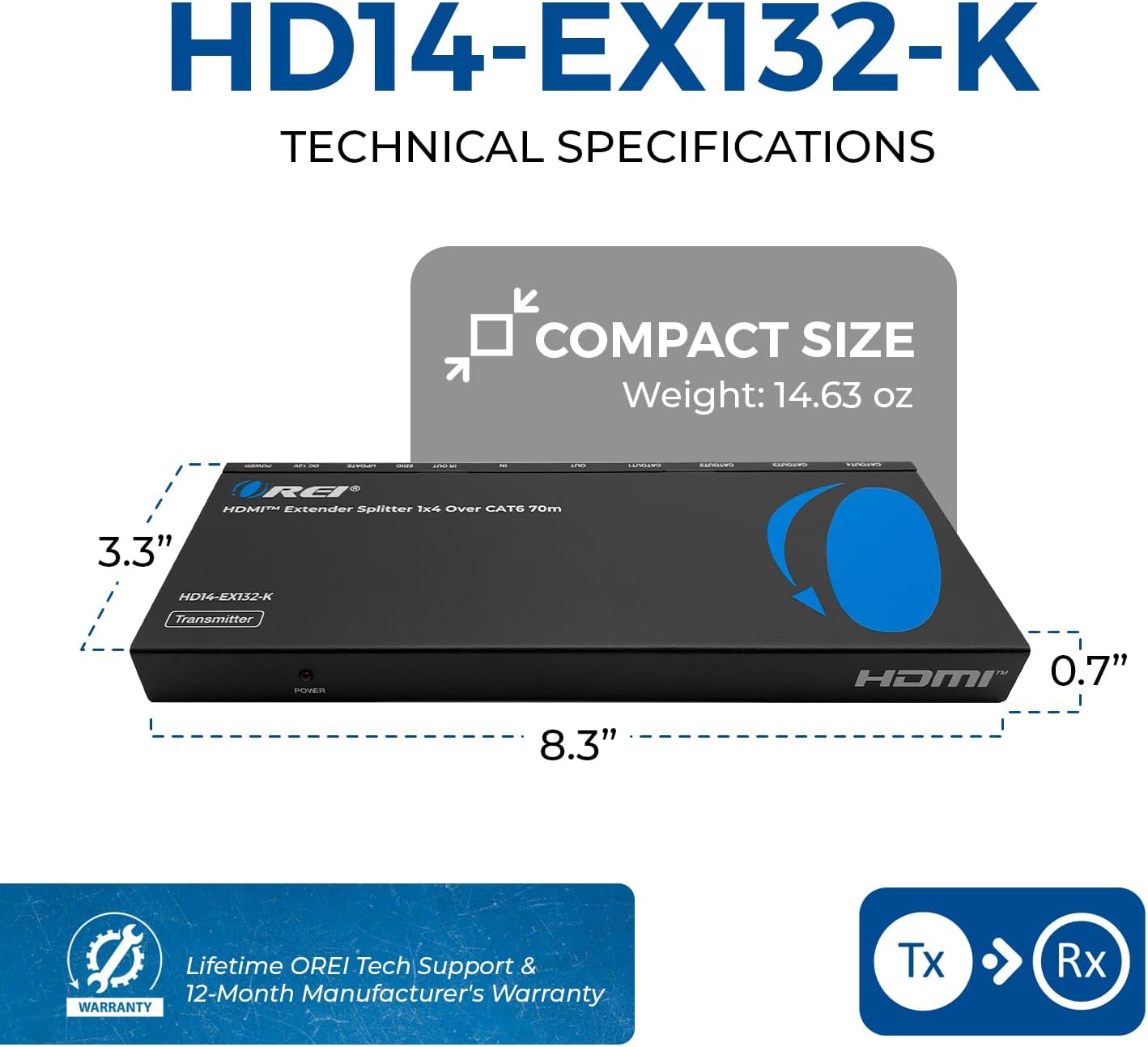 OREI 1x4 HDMI Extender Splitter Multiple Over Single Cable CAT6/7 1080P with IR Remote EDID Management - Up to 165 Ft - Loop Out - Low Latency - Full Support