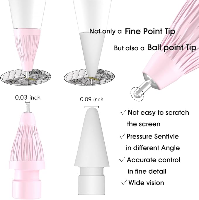 Upgraded Pencil Tips fits for Apple 2nd 1st Gen USB-C iPad Pro Pencil,No Wear Out Fine Point Apple Pen Tip &Noiseless Friction Nib Covers Set, Make iPencil 1 / Pencil 2 Work Like a Charm,Pink