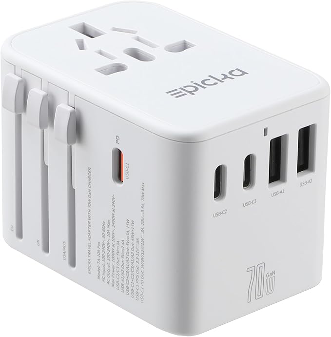 EPICKA Universal Travel Adapter, GaN International Plug Adapter with 3 USB-C 70W PD Fast Charging & 2 USB-A Adaptor All-in-one Wall Charger for USA EU UK AUS (TA-105 Pro, White)