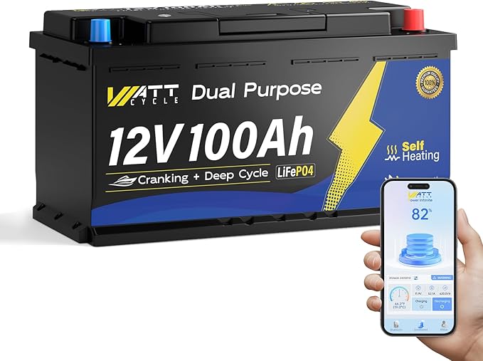 12V 100Ah Marine Starting LiFePO4 Battery Bluetooth, [Cranking &Deep Cycle] Lithium Battery with Self-Heating, Built-in 200A BMS, Perfect for Trolling Motor, RV, Marine, Boat