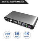 2 Port DP USB 3.0 Automatic KVM Switch Two Computers 1 DisplayPort Monitor switcher, 8K@30Hz 4K@144Hz, Aluminum hotkey Audio mic, Digital Display, HDR10 with Cables
