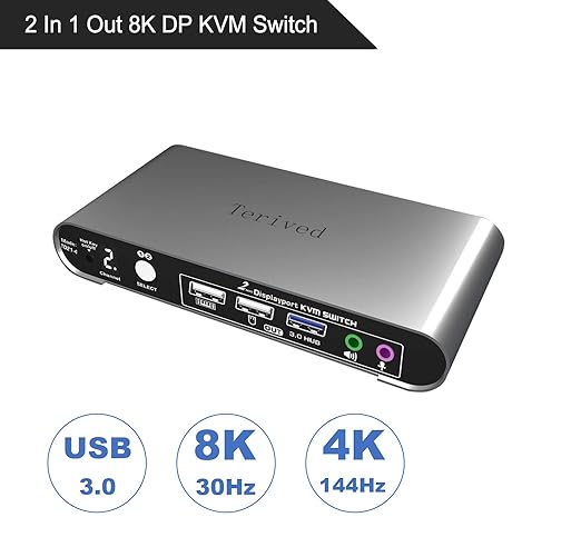2 Port DP USB 3.0 Automatic KVM Switch Two Computers 1 DisplayPort Monitor switcher, 8K@30Hz 4K@144Hz, Aluminum hotkey Audio mic, Digital Display, HDR10 with Cables