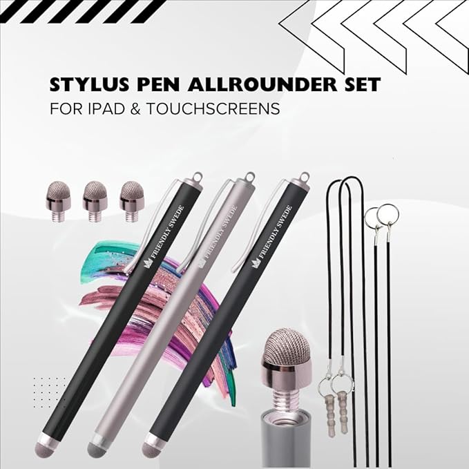 The Friendly Swede Mesh Tip Stylus Pen for Touchscreen — 3-Pack Micro-Knit Capacitive Stylus Pen for iPad & iPhone with 3 Replaceable Fiber Tips, Elastic Lanyards & Screen Cleaning Cloth