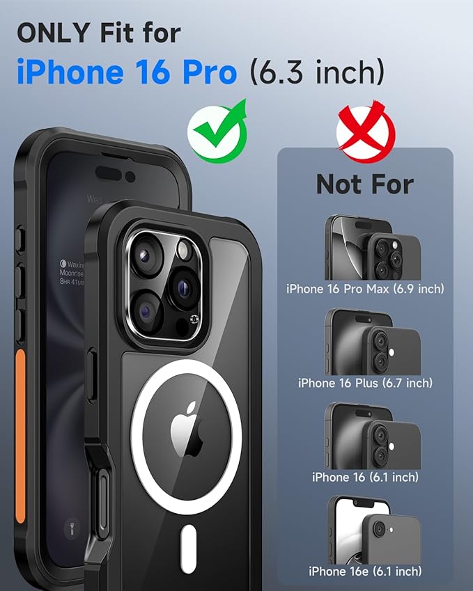 seacosmo for iPhone 16 Pro Case, Full Body Bumper with Built-in 9H Tempered Glass Privacy Screen Protector and Camera Lens Protector, Compatible with MagSafe, Shockproof Phone Cover, 6.3", Black