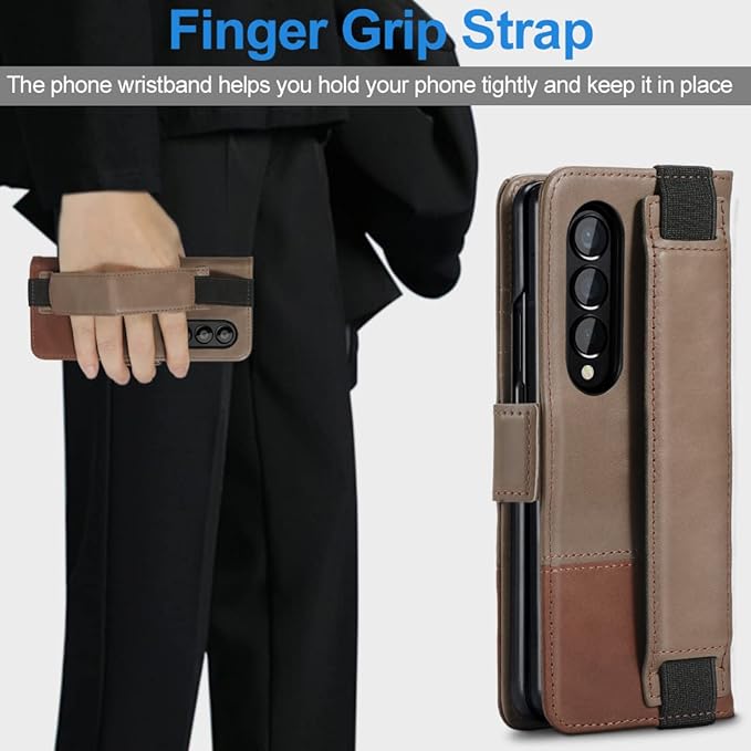 KEZiHOME Genuine Leather Wallet Case for Samsung Galaxy Z Fold 4 [RFID Blocking] with Card Holder Kickstand Book Flip Folio Case - Gray/Brown