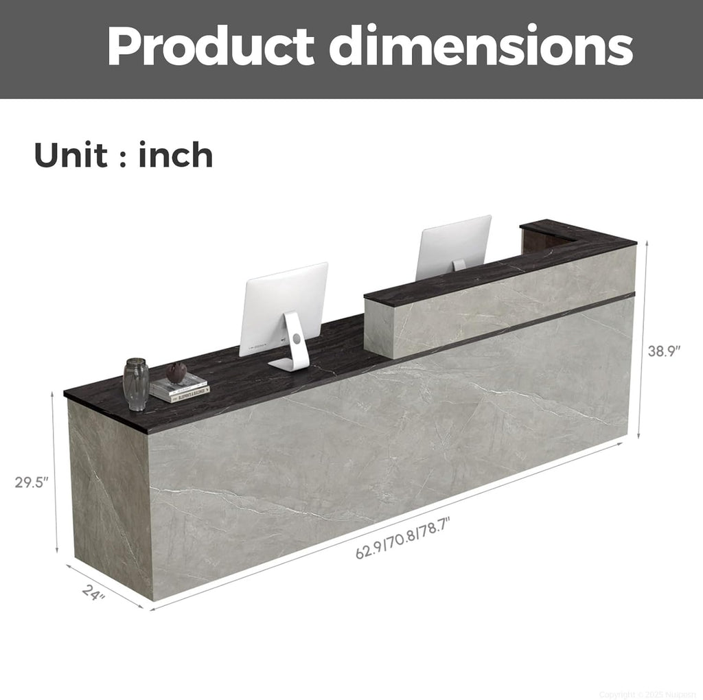 Reception Desk with Counter, Modern Front Desk Reception Counter with Keyboard Tray, Lockable Drawer and Storage Shelves for Office, Retail, Salon (Gray+Black/Left, 79" L*24" W*39" H)