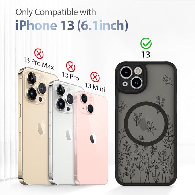 AIGOMARA Magnetic Case for iPhone 13 [Compatible with MagSafe] Cute Black Flower Floral for Women Girls Soft TPU Bumper Hard PC Back Anti-Fall Shockproof Protective Slim Cover