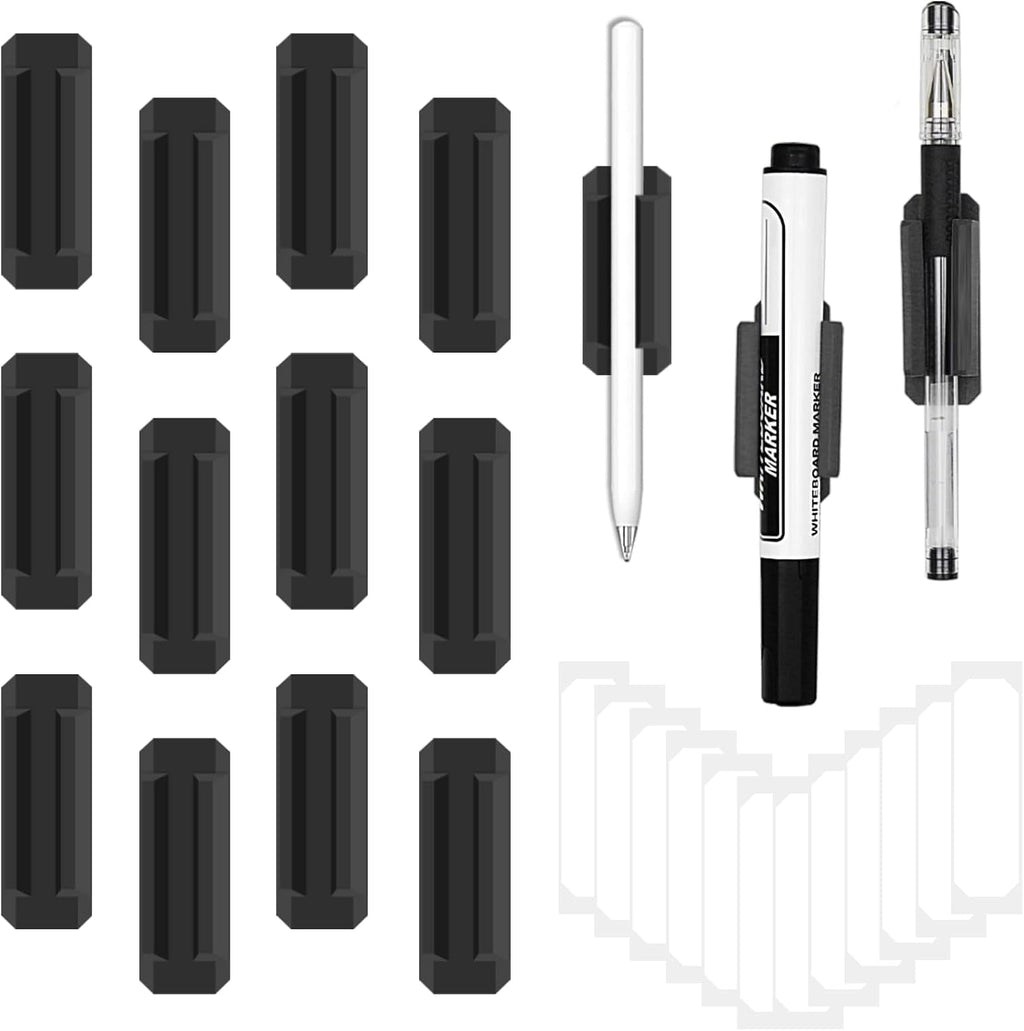 12 Pack Pen Holder for Desk, Silicone Pencil Holder with 12 Extra Adhesive Stickers, Adhesive Pen Holder & Marker Clip for Classroom Office Desk or Any Surface, Teacher Accessories Supplies (Black)