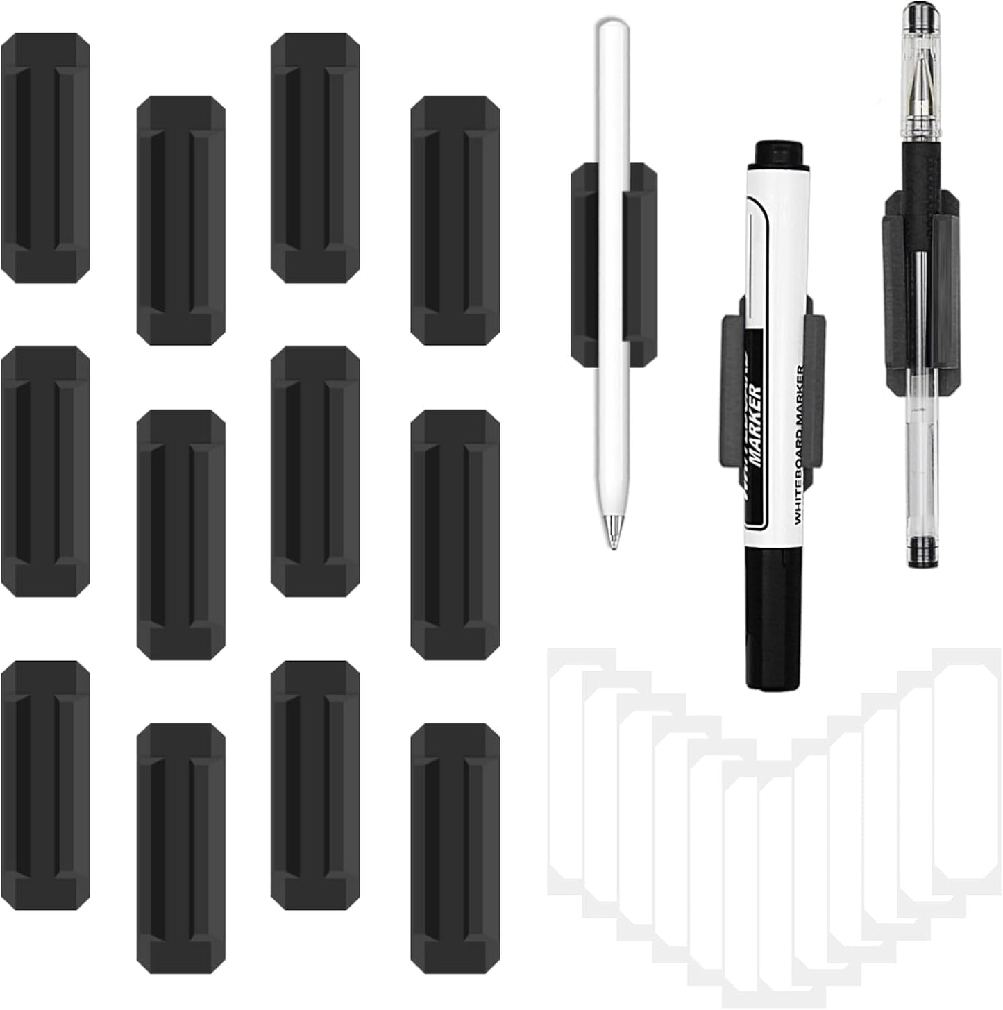 12 Pack Pen Holder for Desk, Silicone Pencil Holder with 12 Extra Adhesive Stickers, Adhesive Pen Holder & Marker Clip for Classroom Office Desk or Any Surface, Teacher Accessories Supplies (Black)