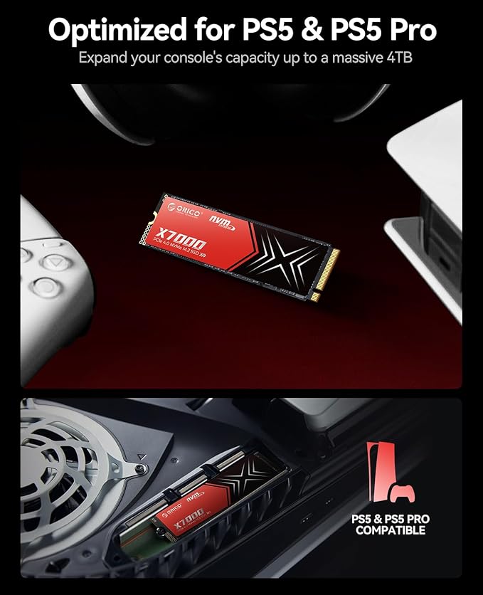 ORICO X7000 2TB NVMe SSD for Gaming, 7400MB/s Read Speed, 17μs Response Time, PCIe Gen 4 Internal Drive, PS5 & PC Compatibility, Comes with Heatsink for Enhanced Cooling and Multitasking