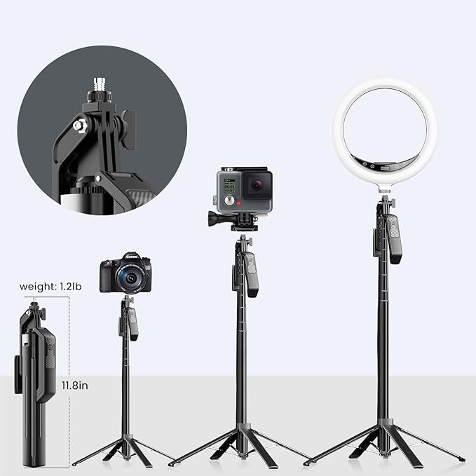 71" Selfie Stick Tripod with Wireless Remote & 2 Fill Lights, Tall Phone Tripod Stand with Quad-Leg Base, Aluminum Alloy White Stick for iPhone, Android, GoPro, Vlogging & Video