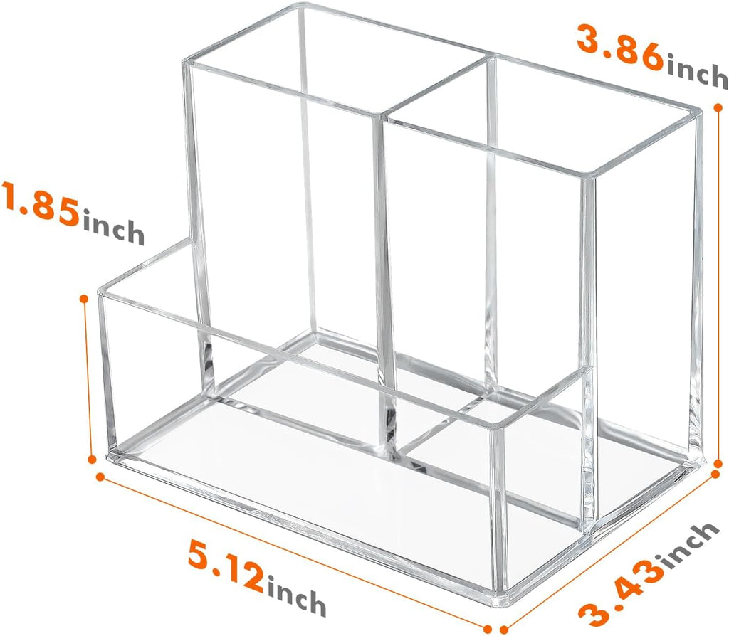 Pen Holder for Desk, Clear Acrylic Pencil Holder for Desk, Marker Holder with 3 Compartments, Pencil Organizer for Home, Office, Classroom, Bathroom