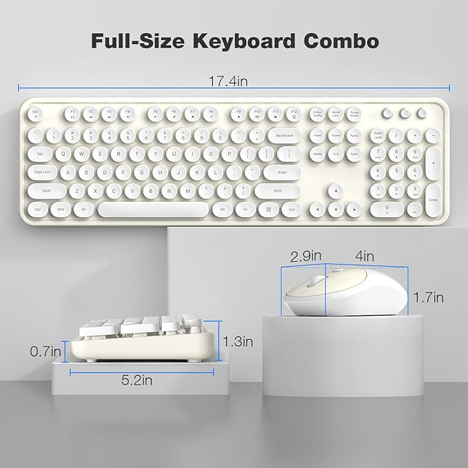 KNOWSQT Wireless Keyboard and Mouse Combo - White-Milky Full-Sized 2.4 GHz 104 Keys Typewriter Cute Keyboard, Round Keycap and Optical Mouse for Windows, Computer, PC, Laptop, Desktop