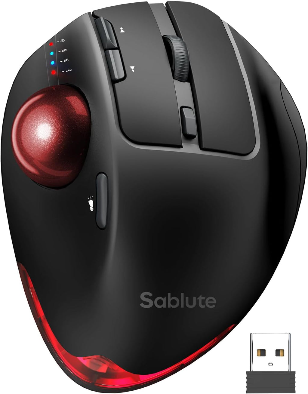 Wireless Trackball Mouse, Ergonomic Bluetooth Rechargeable Computer Mouse, Backlit Rollerball Thumb Laptop mice with 5 Level DPI, Adjustable Angle, 3 Devices Connection for PC, Windows - Red Ball