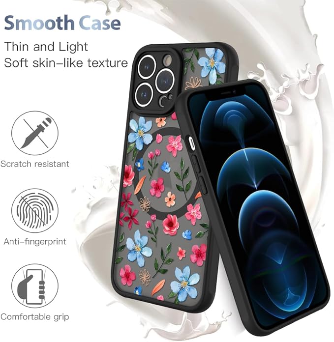 AIGOMARA Magnetic Case for iPhone 12 Pro [Compatible with MagSafe] Cute Pink Blue Flower Floral Pattern Soft TPU Bumper Hard PC Back Anti-Fall Shockproof Protective Slim Cover for Women Girls