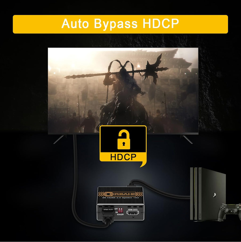 4K@60Hz HDMI Splitter 1x2 4:4:4,18 Gbps,Supports Soundbar,HDCP Bypass,EDID,Duplicate/Mirror/Copy,Downscale, HDR,Dolby Vision Atmos,4K HDMI Splitter 1 in 2 Out for Dual Monitors