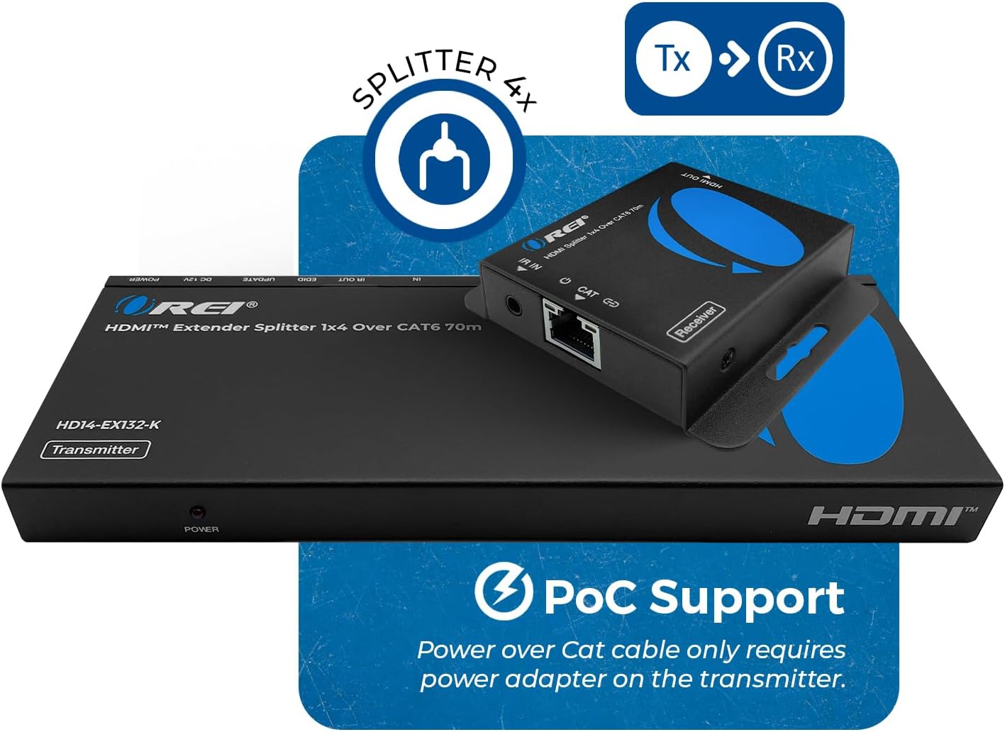 OREI 1x4 HDMI Extender Splitter Multiple Over Single Cable CAT6/7 1080P with IR Remote EDID Management - Up to 165 Ft - Loop Out - Low Latency - Full Support