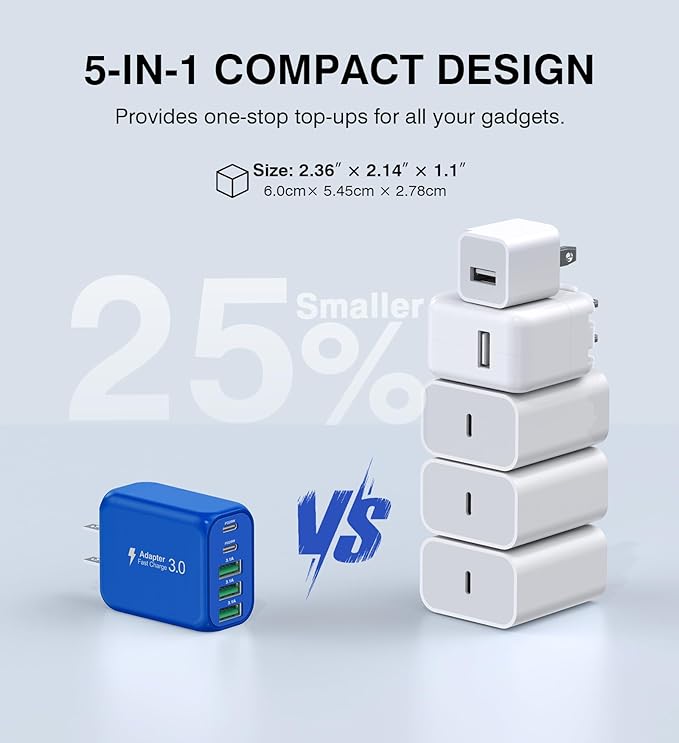 (2-Pack) 50W USB C Wall Charger Block, 5-Port C Charger Fast Charging Block PD Power Adapter +QC 3.0 Multiport Type C Box Brick Cube USB A Wall Plug for iPhone 16/15/14 Pro Max,Samsung (Dark Blue)