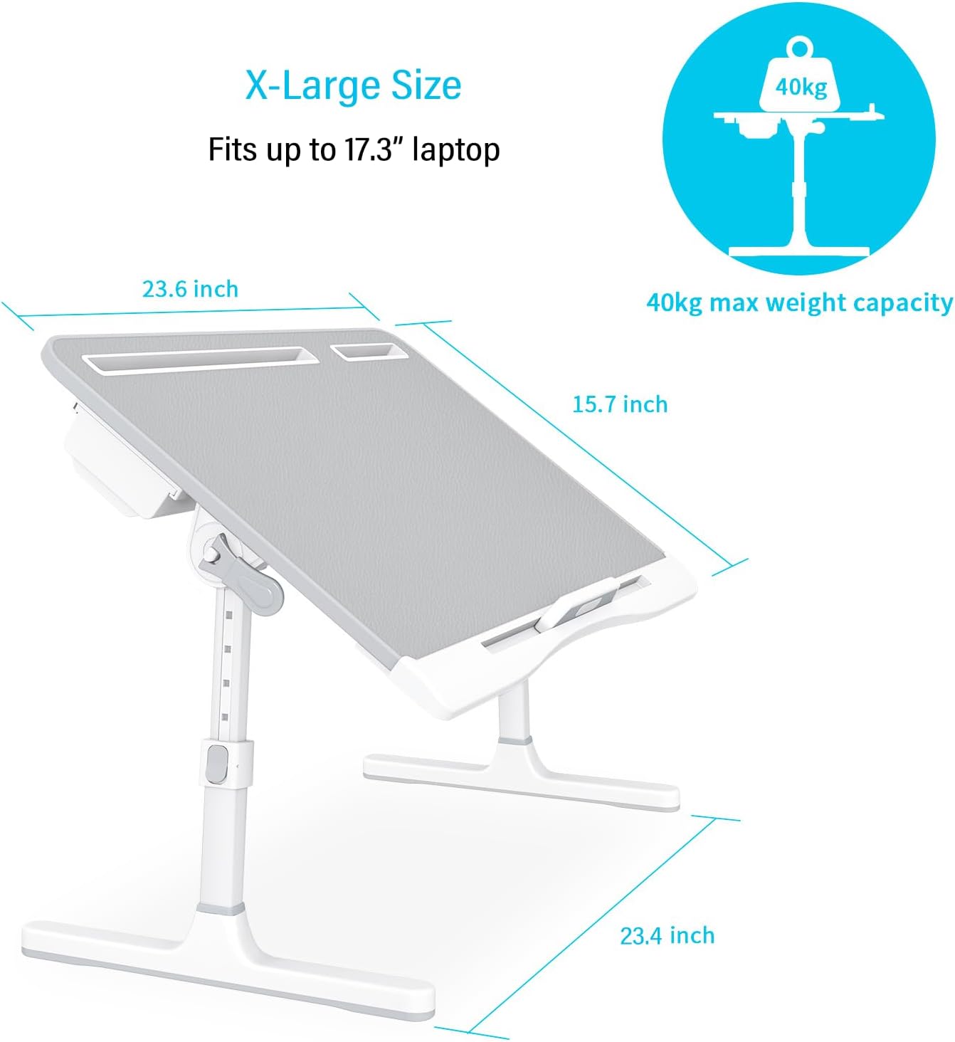 KLEAR Foldable Laptop Bed Tray Desk with Extral Drawstring Bag, Adjustable Bed Table with Heights and Angles, Lap Desk for Eating, Working, Writing, Gaming, Drawing with 2 Drawers(Grey)