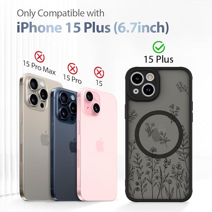 AIGOMARA Magnetic Case for iPhone 15 Plus [Compatible with MagSafe] Cute Black Flower Floral for Women Girls Soft TPU Bumper Hard PC Back Anti-Fall Shockproof Protective Slim Cover