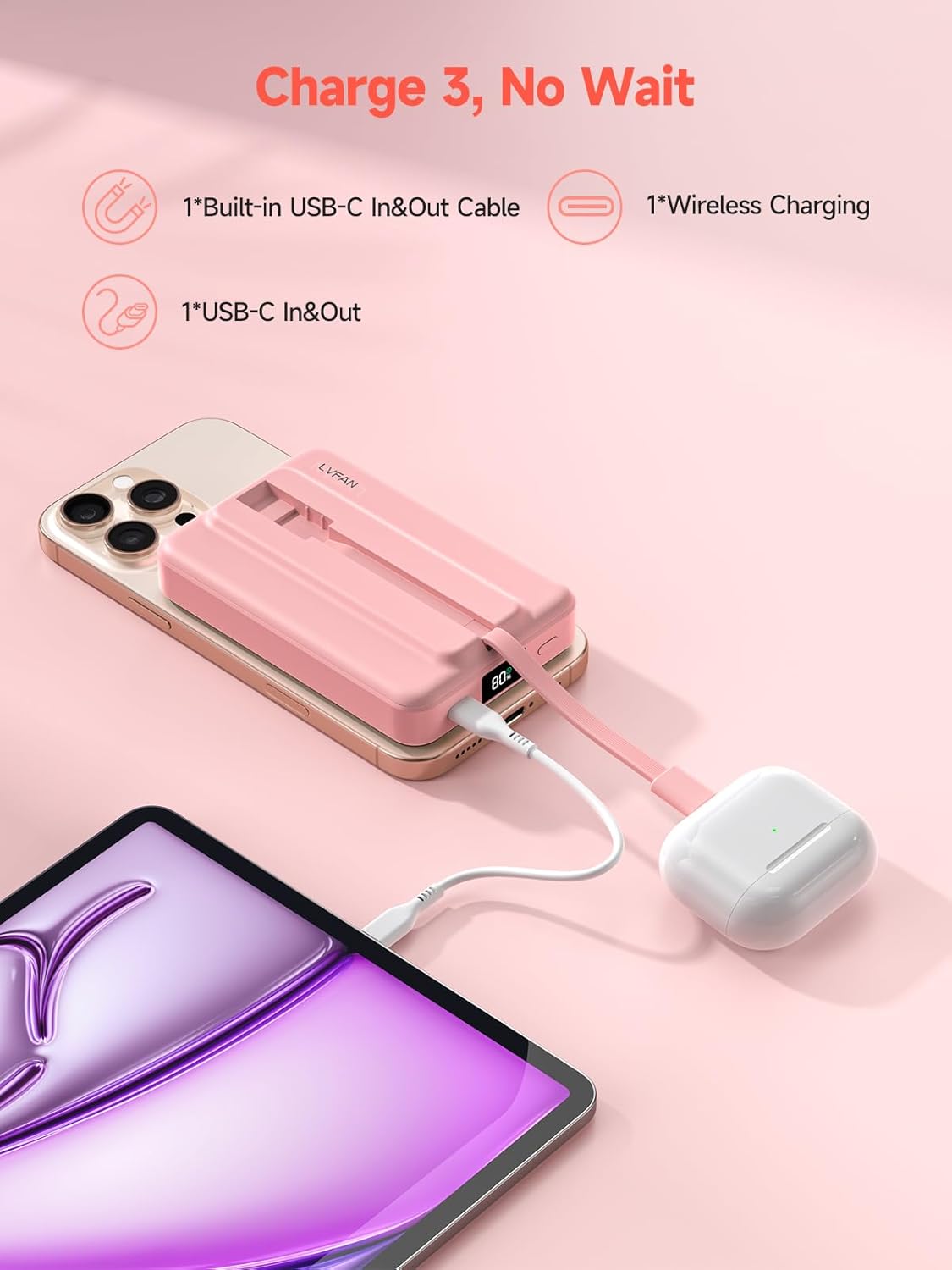 LVFAN for Magsafe Power Bank 10000mAh, Fast Charging Wireless Magnetic Portable Charger with Built-in USB C in&Out Cable, Travel LED Display Battery Pack for iPhone 17 16 15 14 13 12