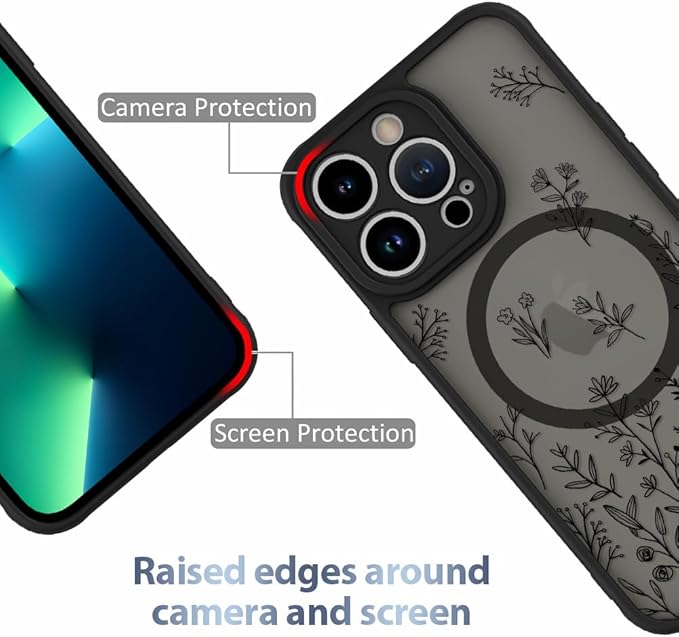 AIGOMARA Magnetic Case for iPhone 13 Pro [Compatible with MagSafe] Cute Black Flower Floral for Women Girls Soft TPU Bumper Hard PC Back Anti-Fall Shockproof Protective Slim Cover