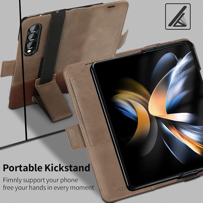 KEZiHOME Genuine Leather Wallet Case for Samsung Galaxy Z Fold 4 [RFID Blocking] with Card Holder Kickstand Book Flip Folio Case - Gray/Brown