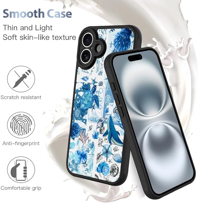 AIGOMARA Case for iPhone 16 Plus [Compatible with MagSafe] Blue Turtle Shell Ocean Collage Pattern Design for Women Girls Men Soft TPU Bumper Hack PC Back Shockproof Protective Slim Magnetic Cover