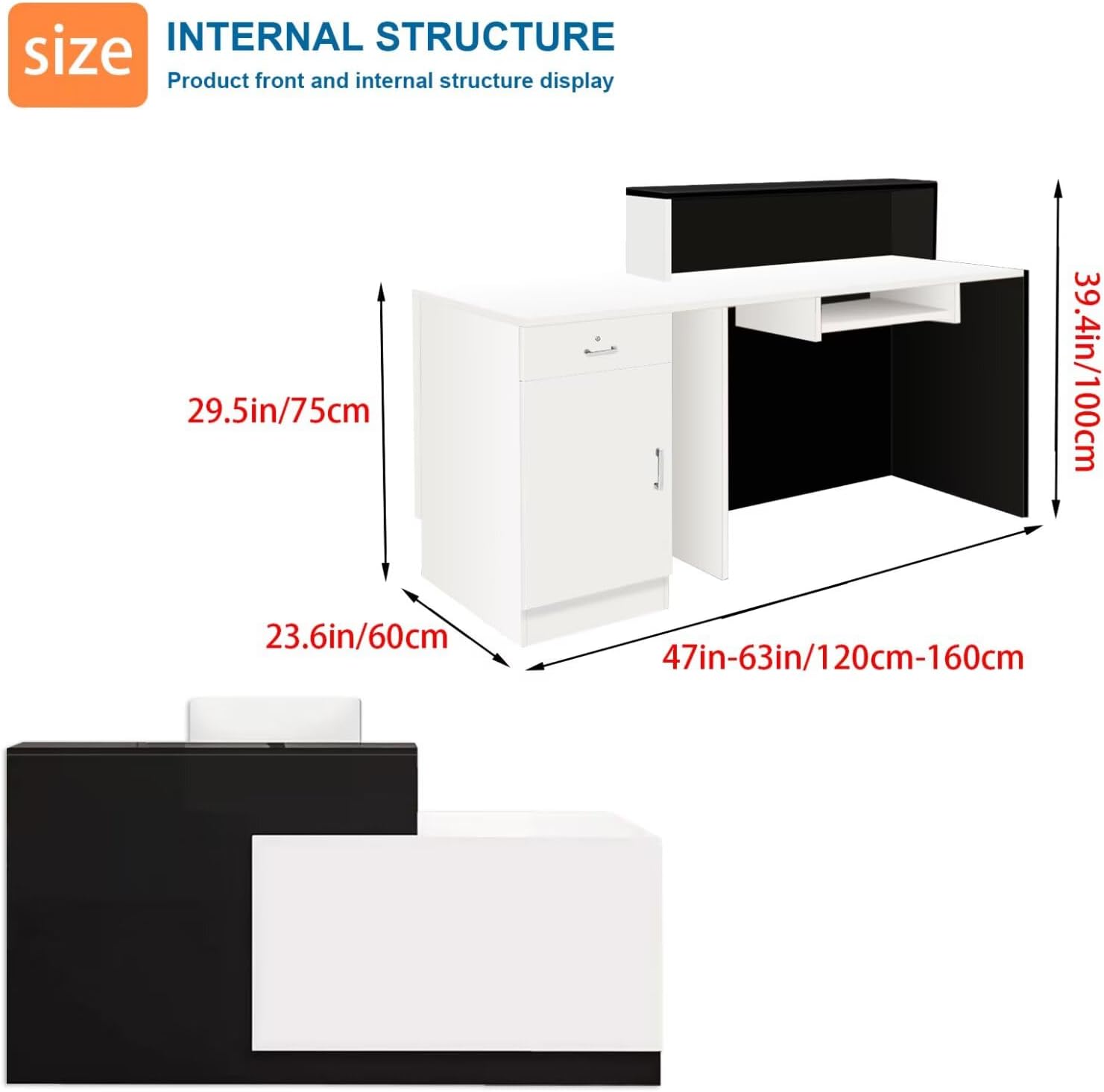 Reception Desk with Counter Modern Checkout Counter with Lockable Drawer Keyboard Tray Receptionist Desk for Office Salon Reception Table A Right 59inch/150cm
