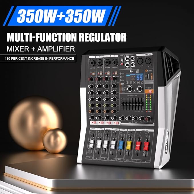 TF400 Dj Mixer 4 Channel Audio Mixer Bluetooth Sound Bar with Power Amplifier 2 * 350W Power Output Powered Mixer USB Audio Interface Sound Mixer with 99 DSP FX Reverb Effects for Streaming Media