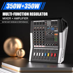 TF400 Dj Mixer 4 Channel Audio Mixer Bluetooth Sound Bar with Power Amplifier 2 * 350W Power Output Powered Mixer USB Audio Interface Sound Mixer with 99 DSP FX Reverb Effects for Streaming Media
