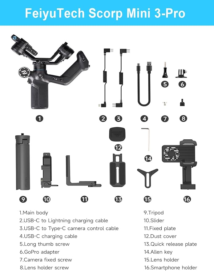 FeiyuTech SCORP Mini-3-Pro Gimbal Stabilizer for Camera Mirrorless/Compact/Action Cameras,Smartphone,18m AI Tracking,Detachable Remote Handle,4.4lbs Payload,3-axis Gimbal for Canon Sony Nikon