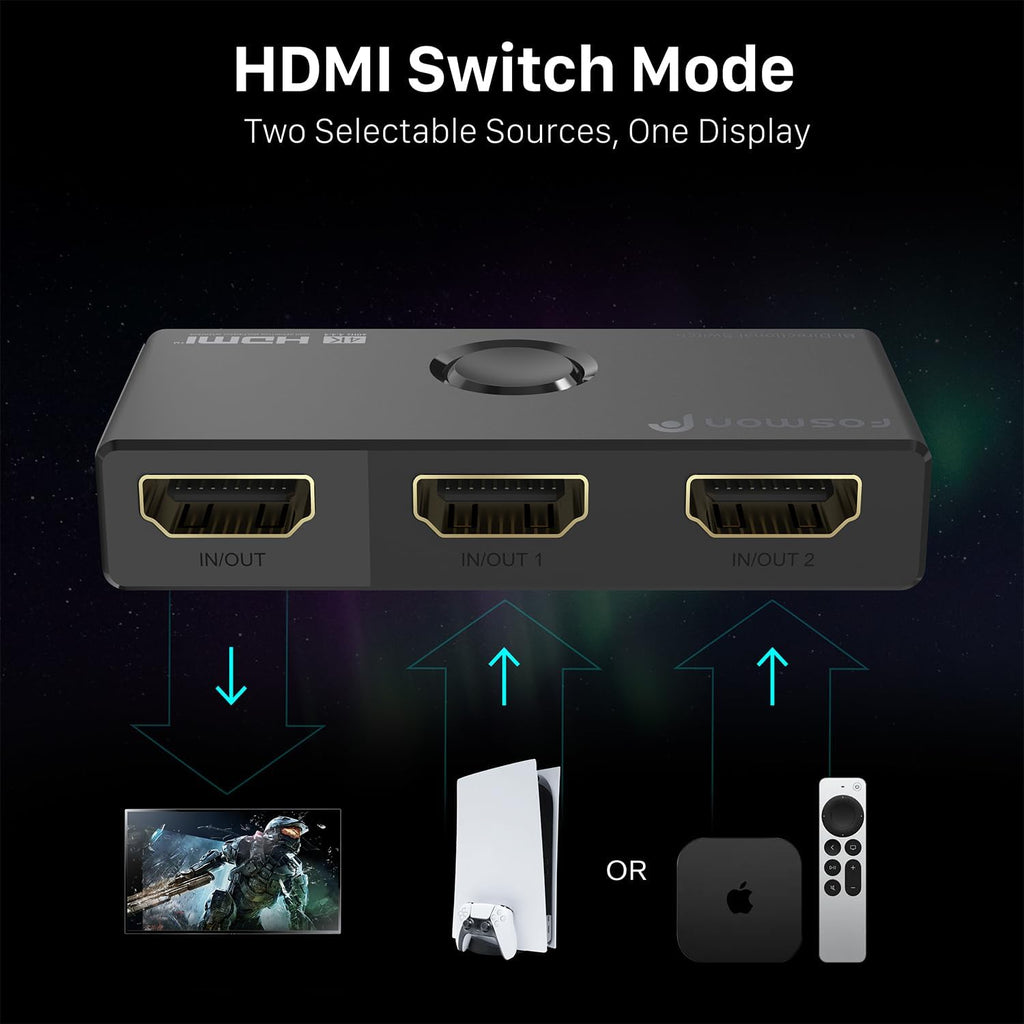 Fosmon 4K HDMI Switch 4K@60Hz, Bi-Directional 1 in 2 Out / 2 in 1 Out HDMI Switcher, High Speed 18Gbps Splitter Selector Compatible with PS5, PS4, Xbox, Roku, Apple TV, Fire Stick
