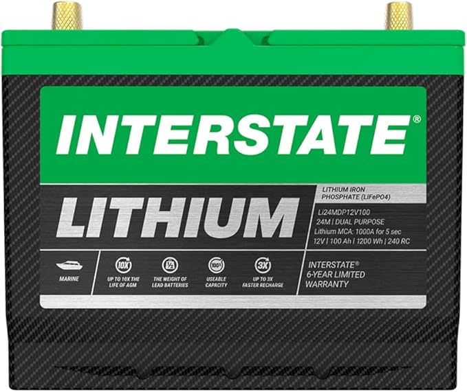 Interstate Batteries 12V 100Ah Group Size 24M Lithium Marine Dual Purpose Deep Cycle LiFePO4 Battery, Maintenance Free, Lightweight, Ideal For Boats with 1,000 Marine Cranking Amps (Li24MDP12V100)