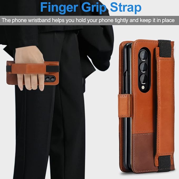 KEZiHOME Genuine Leather Wallet Case for Galaxy Z Fold 4 5G with Card Holder & Kickstand - RFID Blocking - Khaki/Brown