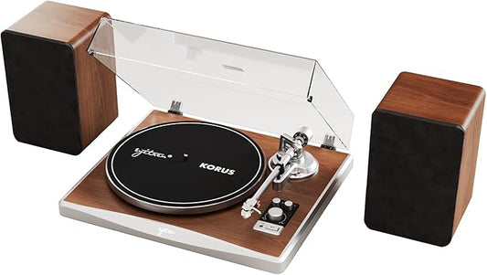 KORUS Record Player with External Speakers,Bluetooth Turntable,Belt-Drive Turntable 2-Speed, Adjustable Counterweight,Vintage LP Players