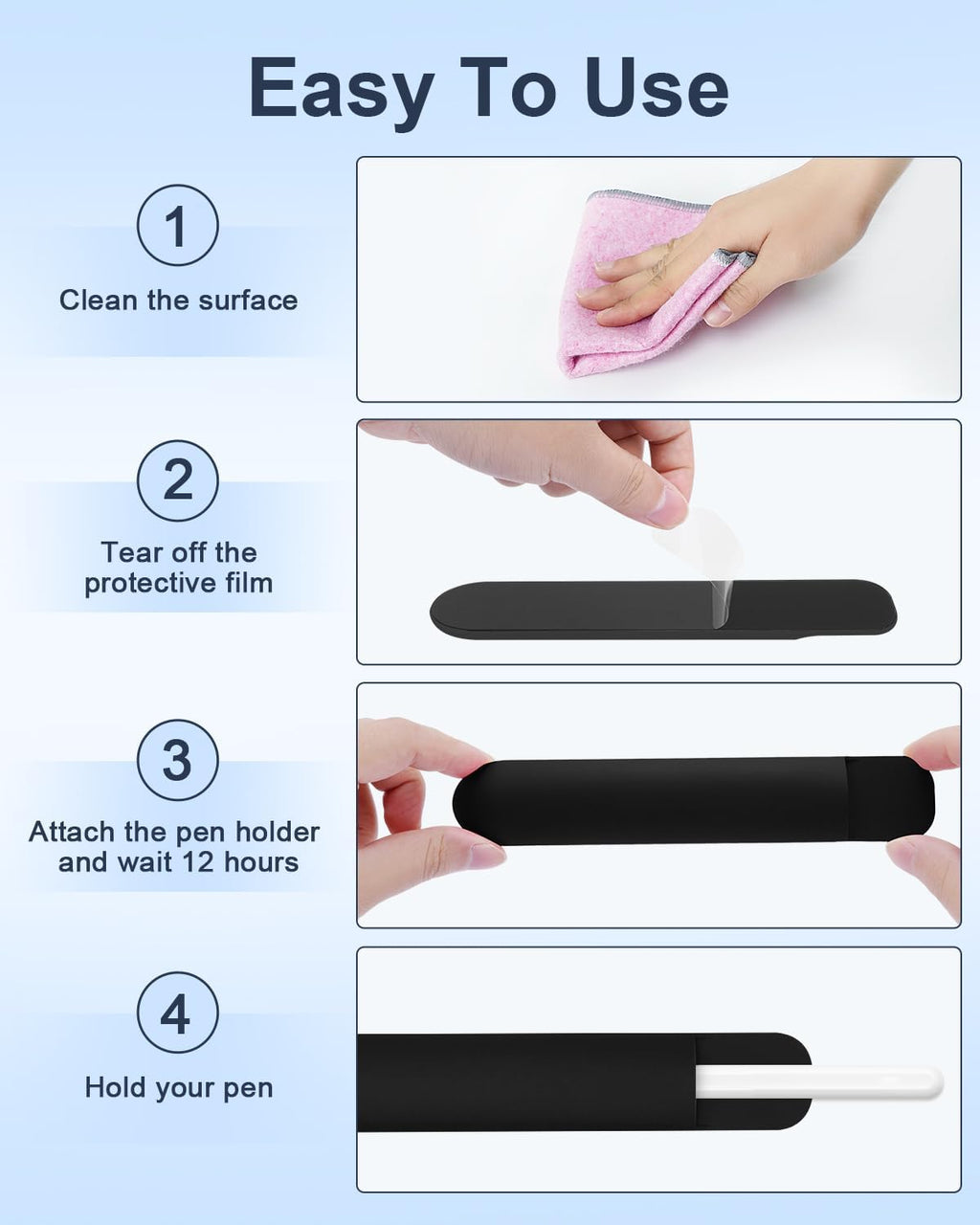 eZAKKA Silicone Pencil Holder For Most Pens,Pencils, 7.8 inch Self-Adhesive Stick To Notebooks,Diary, Desks,Tablet, Black, 1 Pack