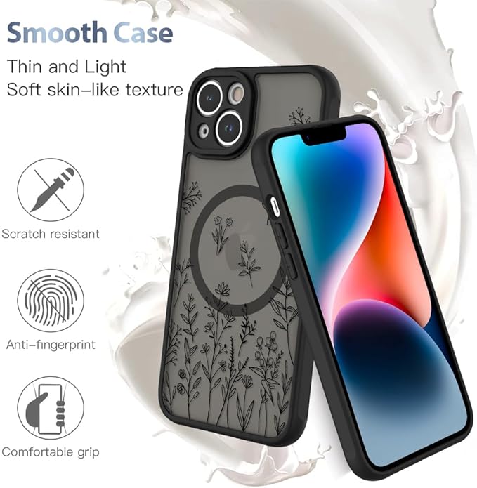 AIGOMARA Magnetic Case for iPhone 14 Plus [Compatible with MagSafe] Cute Black Flower Floral for Women Girls Soft TPU Bumper Hard PC Back Anti-Fall Shockproof Protective Slim Cover