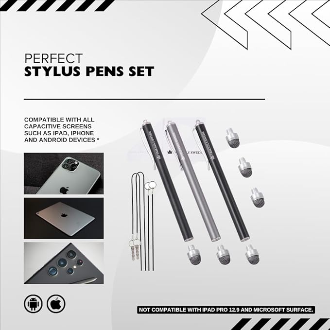 The Friendly Swede Mesh Tip Stylus Pen for Touchscreen — 3-Pack Micro-Knit Capacitive Stylus Pen for iPad & iPhone with 3 Replaceable Fiber Tips, Elastic Lanyards & Screen Cleaning Cloth