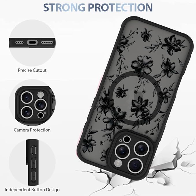 AIGOMARA Case for iPhone 16 Pro [Compatible with MagSafe] Ink Flower Floral Pattern Design for Women Girls Soft TPU Bumper Hard PC Back Anti-Fall Shockproof Protective Slim Magnetic Cover