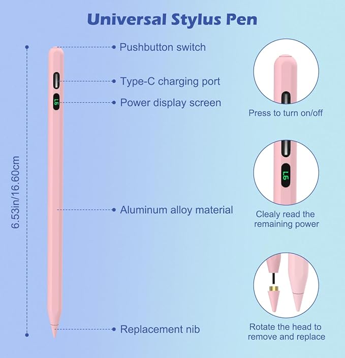 MoKo Stylus Pens for Touch Screens, Fast Charge Stylus Pen for Apple iPad/iPhone/Samsung/Lenovo/iOS/Android Tablets&Smart Phone Universal Stylus Capacitive Screen Pencil with Power Display, Pink