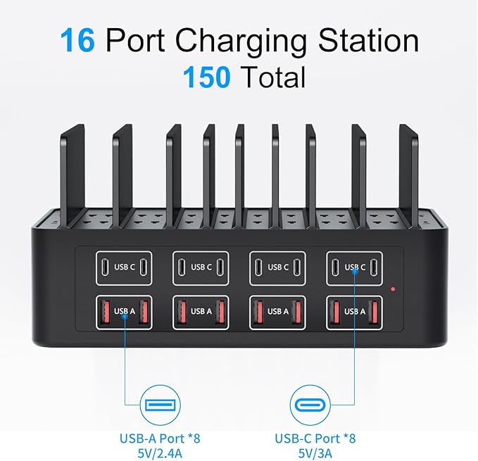 150W/35A Charging Station for Multiple Devices, 16 Port USB C Fast Charging Station with Adjustable Dividers - Organizer Charging Dock for Smartphone, iPad, Kindle, Tablet & More