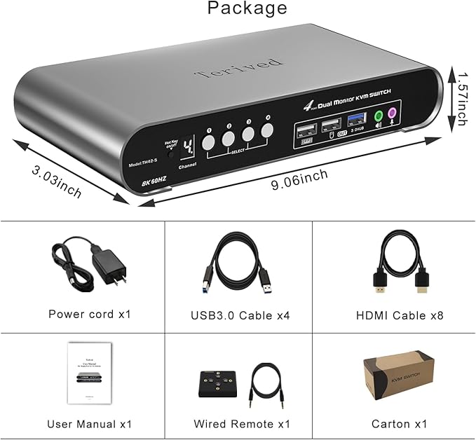 4 Computers 2 HDMI Monitor Automatic KVM Switch 8K@60Hz, Hotkey Switching, EDID, with Audio and Microphone, Aluminum Shell with Digital Display, USB 3.0 Hub, HDR10 with Cables