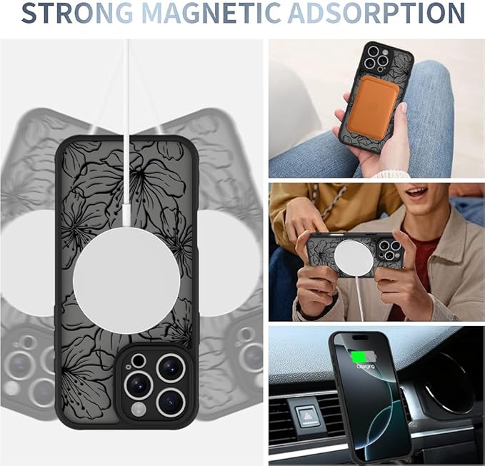 AIGOMARA Case for iPhone 16 Pro [Compatible with MagSafe] Aesthetic Blooming Flowers for Women Girls Soft TPU Bumper Hard PC Back Anti-Fall Shockproof Protective Slim Magnetic Cover