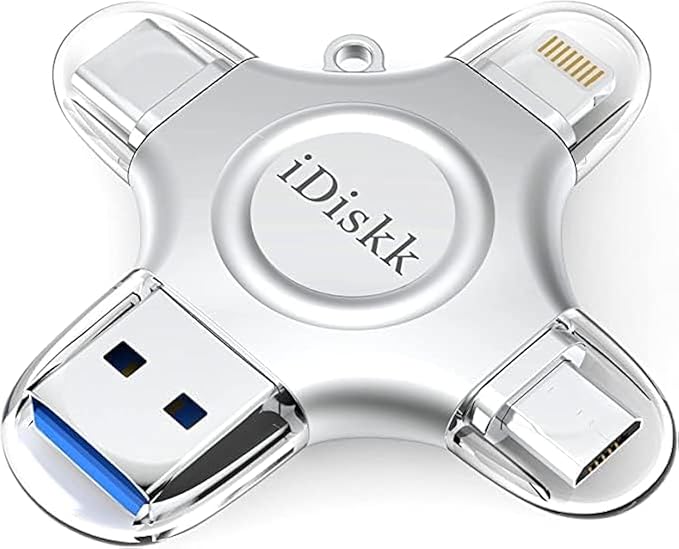 MFi Certified iDiskk 128GB Flash Drive for iPhone 15 16 iPad USB 3.0 Lightning Drive 4 in 1 Multi Functional External Storage for iOS and Android Samsung Phones Type c Devices and MacBook Photo Drive