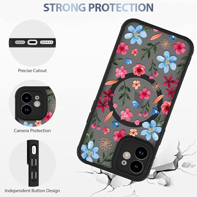 AIGOMARA Magnetic Case for iPhone 11 [Compatible with MagSafe] Cute Pink Blue Flower Floral Pattern Soft TPU Bumper Hard PC Back Anti-Fall Shockproof Protective Slim Cover for Women Girls