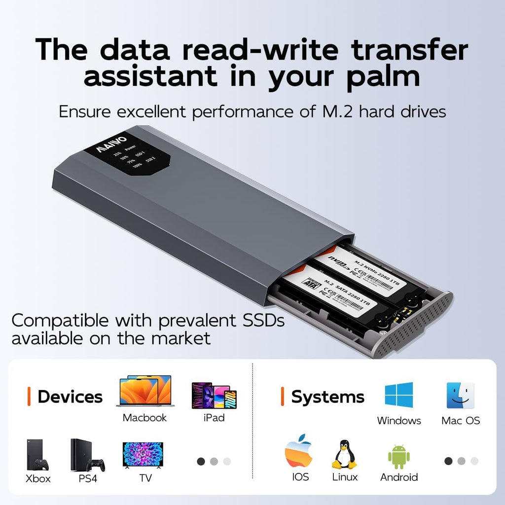MAIWO Dual-Bay M.2 SSD Enclosure Cloner for NVMe & SATA, USB3.2 GEN2X2 10Gbps M.2 Offline Duplicator Supports SATA to NVMe and NVMe to SATA, Dual M.2 Enclosure for SSDs Sizes 2230/2242/2260/2280