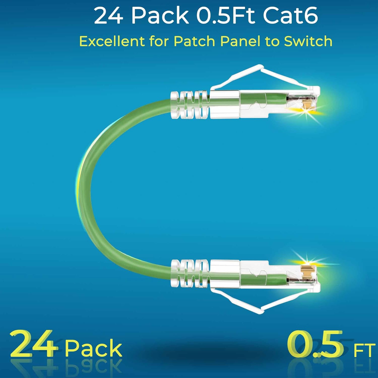 Rapink Patch Cables Cat6/ Cat6a 0.5ft (24 Pack) Slim, Cat6a Ethernet Patch Cable 10G Support, Snagless Cat 6 Patch Cable for Patch Panel to Switch, Flexiable Cat6 Ethernet Cable Green